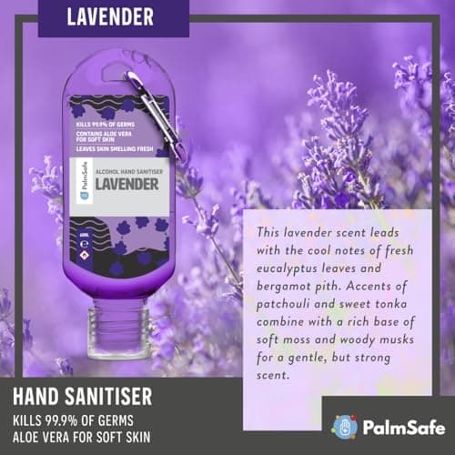 Palm Safe Lavendar 60ml Anti Bacterial Premium Hand Sanitiser Travel Size Refillable Clip Bottle Quick Drying Non Sticky Extra Moisturising Kills 99.9% of Viruses and Bacteria — view 6