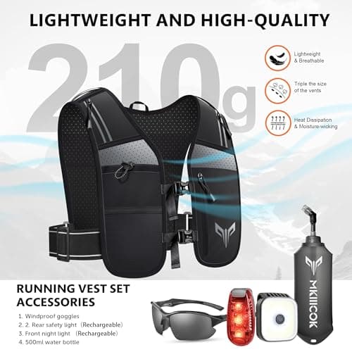 LED Running Vest for Men & Women with Phone Holder & 500ml Water Bottles - Reflective Lightweight Running Hydration Vest for Night Running, Marathon, Trail, Cycling (Black A, One Size) — view 3