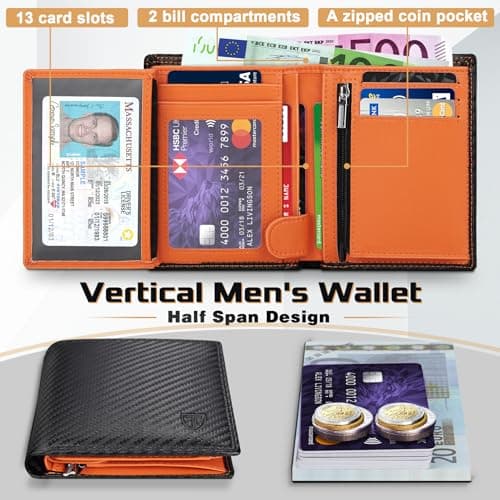 TEEHON® Wallets RFID Blocking Carbon Fibre Leather Mens Wallets with Zip Coin Pocket, 11 Card Holders, 2 ID Windows, 2 Banknote Compartments, Trifold Vertical, Black Orange — view 3