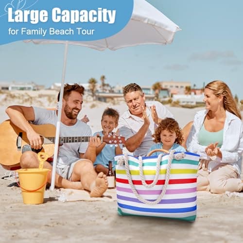 URAQT Beach Bag, Large Summer Beach Tote Bags with Zipper and Rope Handle, Women's Holiday Family Travel Bag,Canvas Shopping Bag,Shoulder Bag,Suitable for Gym Pool Beach Picnic — view 2