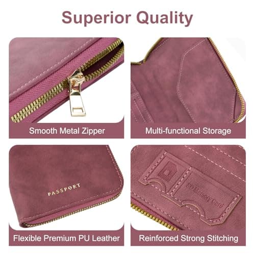 ILIYAH RFID Anti-Theft Passport Wallet Holder - Waterproof PU Leather Family Travel Document Organizer with Safe Zipper (Rose) — view 6