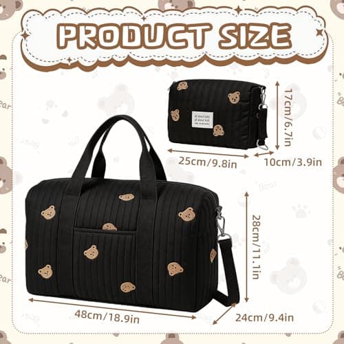 Gonggi Large Baby Changing & Hospital Maternity Bag, Cotton Mommy Diaper Tote Bags with Embroidery Large Capacity Multiple Soft Nappy Bag Lightweight Travel Duffel Bags with Shoulder Strap (Black-B) — view 2