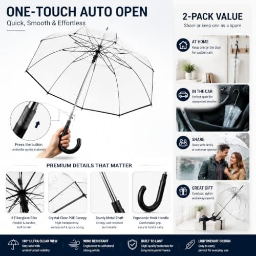 2 Pcs Black Clear Bubble Umbrella Transparent Dome Rain Umbrella Windproof See Through Canopy Fiberglass Frame Large Coverage Wedding Photography Prom Graduation Outdoor Events Travel Men Women, Black — view 4