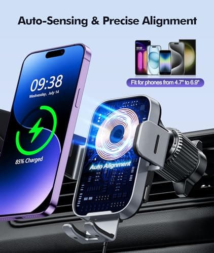 ISEYOU Car Phone Holder Wireless Charger, 15W Fast Charging Auto Clamping Wireless Car Charger, 360° Rotation Air Vent Mount With Electric Sensor Compatible For iPhone 17 16 15 Pro Max, Samsung Galaxy — view 6