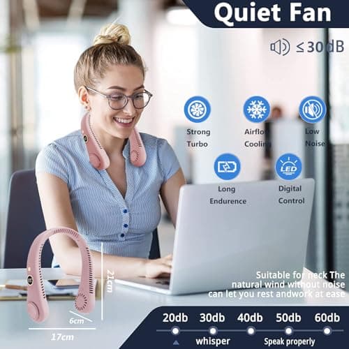 Portable Bladeless Neck Fan, USB Rechargeable Hanging Neck Fans, Digital Monitor Design, 5 Speeds Operated Adjustable 360° Airflow Cooling Wearable Fan for Men Women Indoor Outdoor Travelling (Pink) — view 3