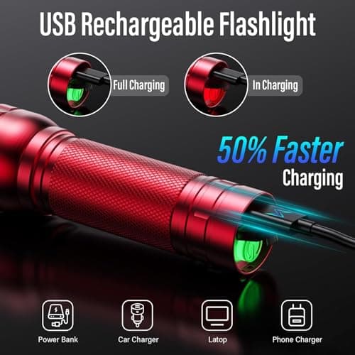 GEARLITE Rechargeable LED Torch, 2000LM Torches LED Super Bright with 3 Modes, Portable Small Torch with Battery, Waterproof Flashlight Zoomable for Power Cut, Emergency, Camping, Hiking, Outdoor-Red — view 2