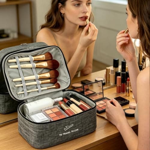 Travel Makeup Bag for Women, Large Capacity 2-Layer Cosmetic Organiser with Makeup Brush Organiser, Water-Resistant Durable Nylon Toiletry Bag, Portable Make Up Bags Case for Travel, Home Use (Beige) — view 4