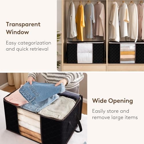 Lifewit 95L Clothes Storage Bags Large Storage Box With Lid Packing Boxes for Moving House With Reinforced Handle Thick Fabric Clear Window for Clothes Duvet Blankets Bedding, 6 Pack, Black — view 5