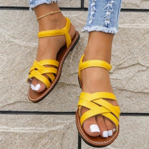 Women's Sandals UK Slingback Flat Feet Leather Roman Sandals Women Casual Travel Breathable Flip Flop Womens Wide Fit Slippers Ladies Summer Beach Shoes for Indoor and Outdoor Size 3.5-7.5 Yellow — view 5