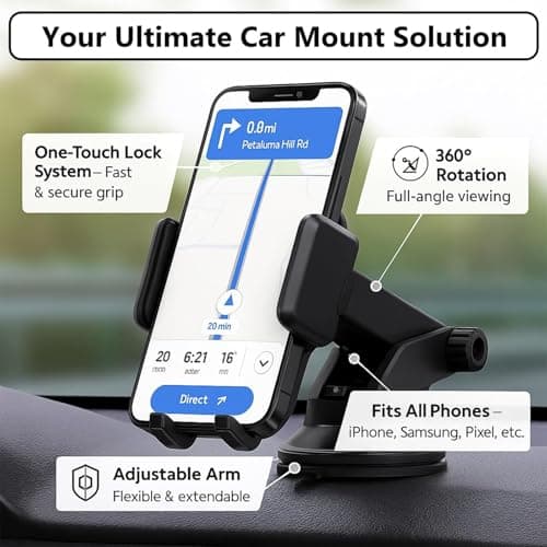 Evapure Universal Car Phone Holder Mount, Military-Grade Cradle For Dashboard, Windscreen & Air Vent, Strong Suction, Anti-Shake, One-Hand Use, Dark Black — view 5