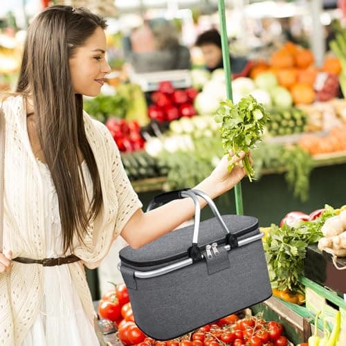 30 L Shopping Basket Cooler Bag Insulated Picnic Basket, Premium Extra Large Cooling Cooler Cool Bag, Collapsible Lunch Bag Box, for Camping/Outdoor Activities/Family Travel/BBQ/Shopping (Gray) — view 6