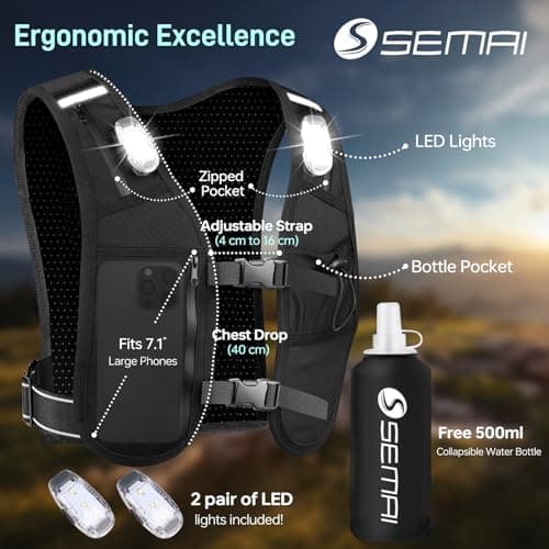 semai LED Running Vest Women & Mens Reflective Vest, Adjustable Chest Straps Running Hydration Vest with 500ml Water Bottle, 6 Pockets With Phone Holder & Storage for Marathon, Night Running, Cycling — view 5