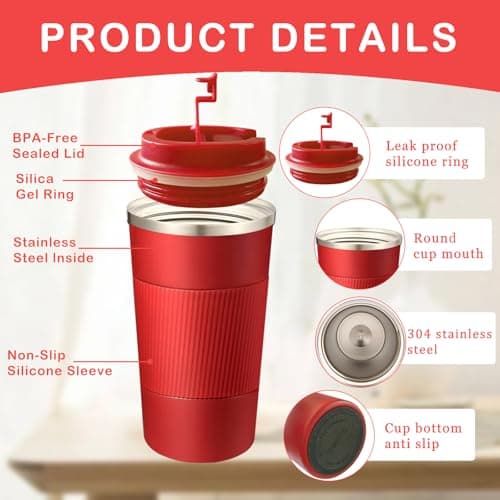 Senshuomy Travel Mug,Insulated Coffee Cup with Leakproof Lid(Red/510ml) — view 4