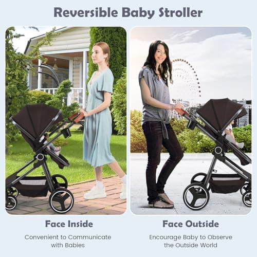 COSTWAY Baby Pushchair, Foldable Travel System Pram with Reversible Seat, Adjustable Canopy & Backrest, Storage Basket, Cup Holder, Aluminum Structure Stroller for 0-36 Months (Black) — view 2
