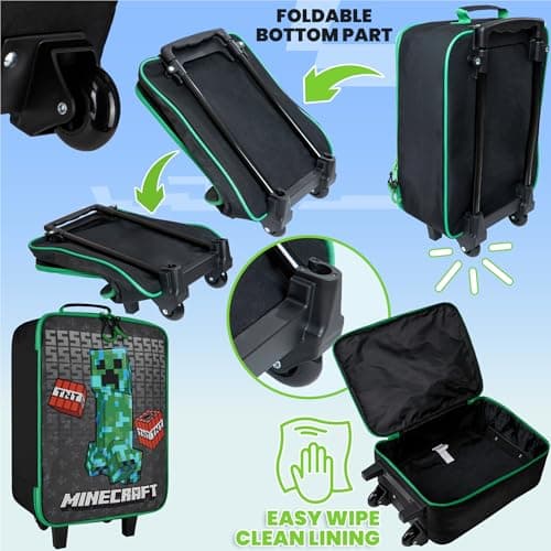 Minecraft Kids Suitcase for Boys and Girls Foldable Trolley Hand Luggage Bag Carry On Gamer Travel Bag with Wheels Size Cabin Bag Wheeled Bag with Handle Trolley Suitcase Boys, Black/Green — view 4