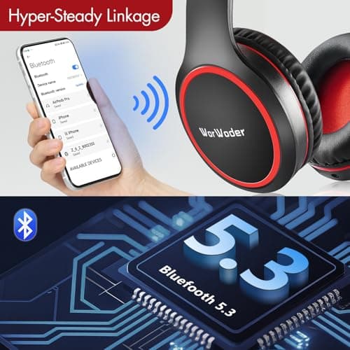 WorWoder Bluetooth Headphones Over Ear, 70H Playtime and 3 EQ Music Modes Wireless Headphones with Microphone, HiFi Stereo Foldable Lightweight Headset, Deep Bass for Home Office Cellphone PC (Red) — view 5