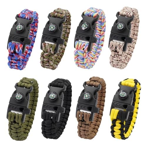 8 Pack 3in1 Emergency Survival Bracelet with Whistle and Compass,Survival Kit,Wild Camping Equipment Kit,Wildness Emergency Survival Kit for Camping,Outdoor Travel, Hiking, Emergency Survival Or First