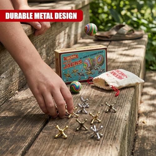 The Magic Toy Shop Retro Jacks Game Set with Balls - Classic Knucklebones Fivestones with 10 Metal Pieces & 2 Bouncy Balls, Traditional Skill Toy - Travel Play, Party Bag Fillers, Kids & Adults — view 3