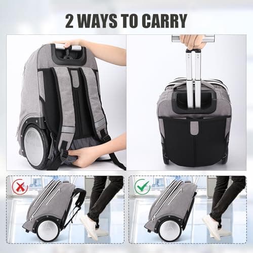 Rolling Backpack with 7 Inch Large Wheels, Double Reinforce Telescoping Handle,Easy Going Up and Down Staircase, Carry-on Backpack with Laptop Compartment for Business and Travel Commuter Grey — view 5
