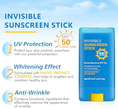 Invisible Sunscreen Stick SPF 50, Strong UVA/UVB Protection Sun Cream, Broad Spectrum, Water Resistant, Non-Greasy for Sensitive Skin, Travel Size Sunblock Stick for Face & Body — view 2