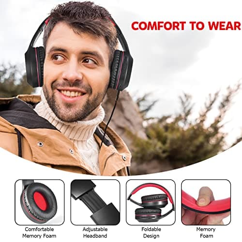 Rydohi Bluetooth Headphones Over Ear, 68H Playtime and 3 EQ Music Modes Wireless Headphones with Microphone/Deep Bass, HiFi Stereo Foldable Lightweight Headset for PC Home Travel Office(BLACK-RED) — view 4