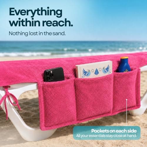 ITSA Terry Towelling Beach Towel with Pockets & Handles | 100% Cotton Foldable Sun Lounger Cover | Carry Bag | Secure Storage Beach Towel (Coral Pink) — view 3