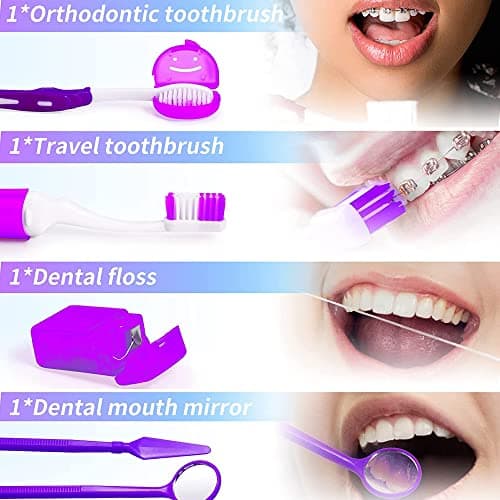 ZKSMNB Orthodontic Care Kit, Braces Kit, Portable Orthodontic Cleaning Kit, V-Brush Oral Mirror Interdental Brush Dental Floss Dental Wax Oral Care Travel 8-Piece Set (Purple) — view 4