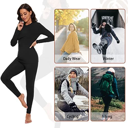 SIHOHAN Womens Thermal Underwear Set Fleece Lined Tops Bottoms Black — view 6