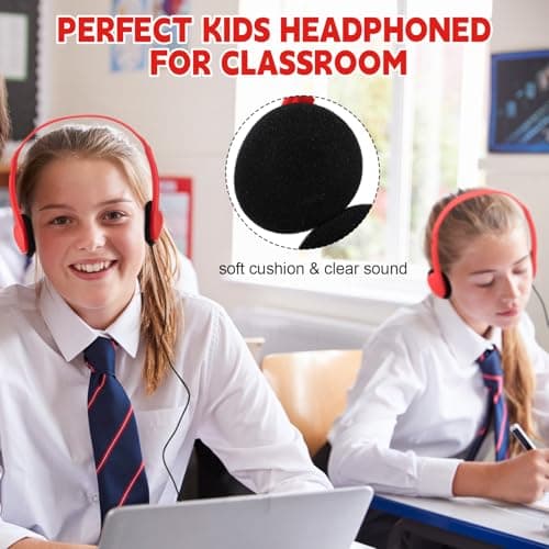 Konohan 10 Pack Headphones Bulk Headphone for School Classroom Student Wired Headphones Adjustable with 3.5 mm Jack for Adults (Red) — view 5