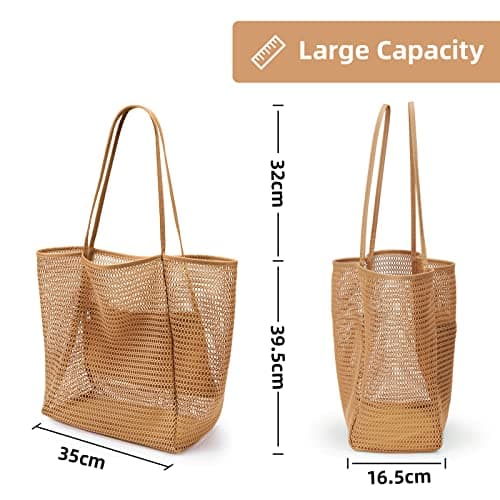 KALIDI Mesh Tote Bag,23L Beach Bag Extra Large Tote Bags for Women with Zip Pocket Shoulder Bag Summer Beach Bags Reusable Shopping Bag for Picnic Holiday Travel Grocery — view 4