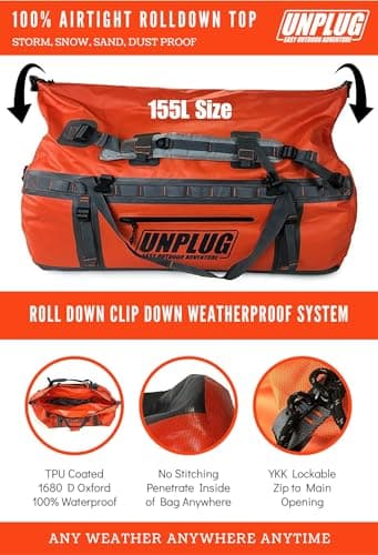 UNPLUG Ultimate Adventure Bag - 1680D Heavy Duty Waterproof Duffel Bag for Travel, Camping, Motorcycle, Hunting, Bug Out (155L Adventure Orange) — view 3