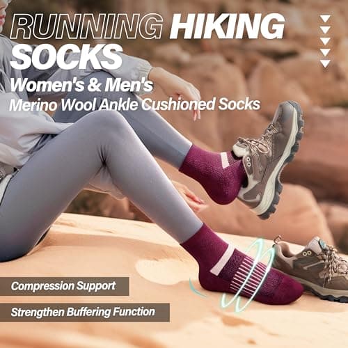 MOSEY KOSY 6 Pairs Merino Wool Socks Women Men Unisex Quarter Running Walking Hiking Work Thermal Winter Warm Compression Support Breathable Thick Cushion Socks(Burgundy Series,3-7) — view 2