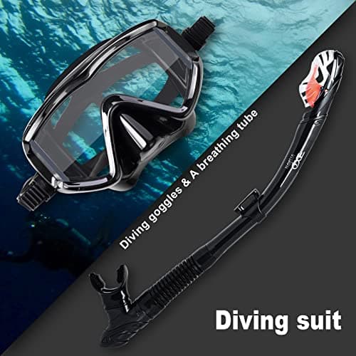 Dry Snorkel Set, Pano 3 Window Snorkel Mask, Anti-Fog Scuba Diving Goggles and Snorkel, Professional Adult Snorkeling Swim Mask Gear (Black Set) — view 4