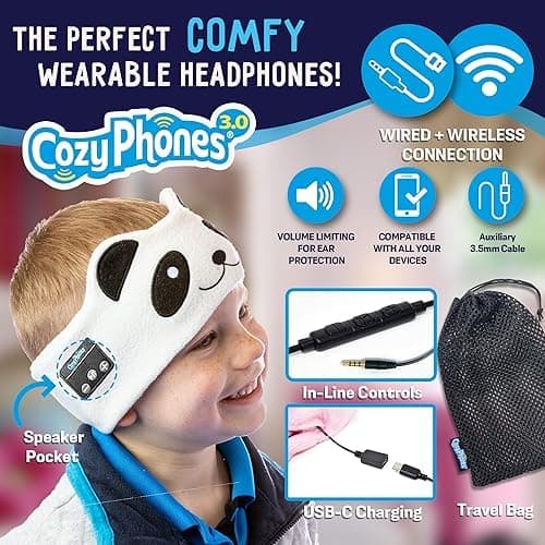 CozyPhones Headband HEADPHONES for Kids – Panda Design, Volume Limited, Soft Fleece, Comfortable for Sleep & Travel, Baby Headband Headphones, Music Headband, Headband Earphones for Sleeping — view 3