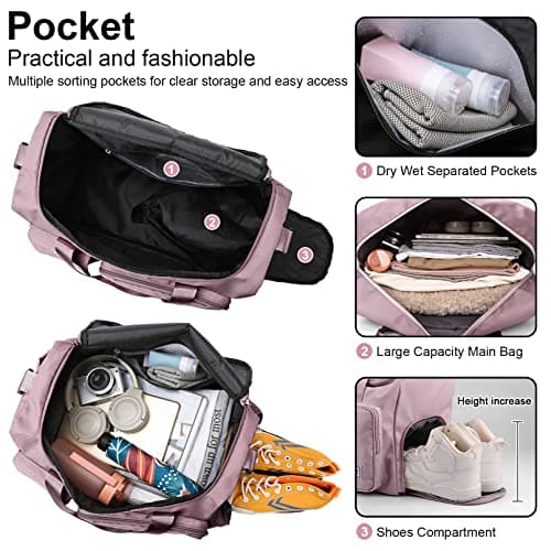RainFlowwer Travel Duffel Bag Women Men,Sports Gym Bag with Shoes Compartment,Waterproof Travel Bag Overnight Bag with Dry Wet Separated Pocket,Carry Luggage Bag Weekender,Sports,Gym,Travel (Pink) — view 6