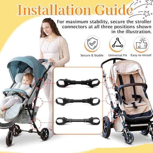 Stroller Connectors Set 3 Pcs Adjustable Twin Baby Pushchair Linker, Black — view 2