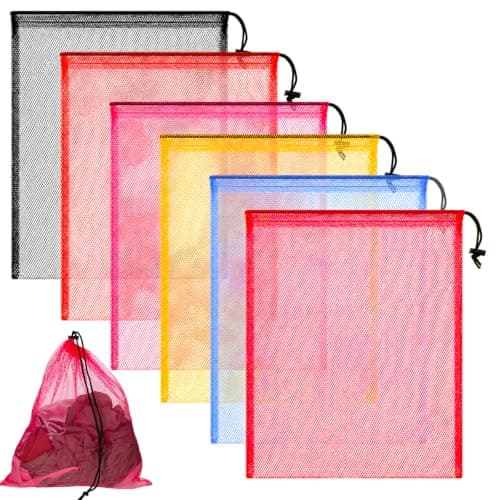 6 Pack Multicolor Mesh Drawstring Bag, 13.38x15.75 Inch Breathable Nylon Mesh Bag with Drawstring Lock Closure, Multipurpose Storage for Gym, Laundry, Beach, Toys and Travel