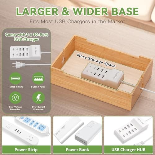 Pezin & Hulin Bamboo Charging Station for Multiple Devices, USB Charger Dock Organizer, with Power Supply (10 Ports HUB), 6 Cables, Cable Management Organizer for Cell Phones, Tablets -Natural Color — view 5