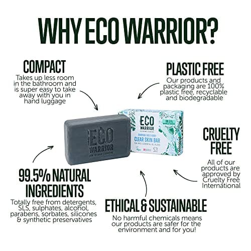 Eco Warrior Charcoal Clear Skin Soap Bar - Vegan, Cruelty Free, No SLS or Parabens, Whole Body Soap, Moisturising Charcoal, Grapeseed and Anti Bacterial Tea Tree Essential Oil, Eco Friendly Soap 100g — view 4