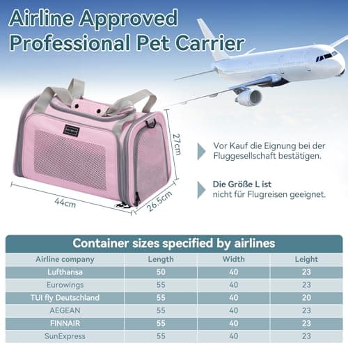PETSFIT Soft Cat Carrier,Pink Pet Carrier with Extendable Fleece Mat, Puppy Carrier Airline Approved with Safety Leash for Travel Up to 5KG (44 * 26.5 * 27CM, Pink) — view 2