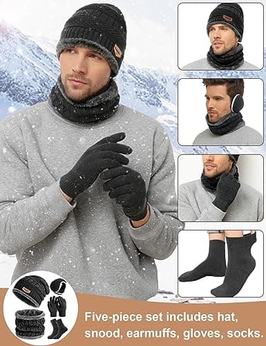 heekpek Mens Hat Scarf Glovers Set Unisex 5PCS Winter Set in Gift Box Fleece Lining Knitted Beanie Hat Earmuffs Neck Warmer Knit Gloves Thermal Socks Gift Set for Skiing Hiking Driving, Black — view 2