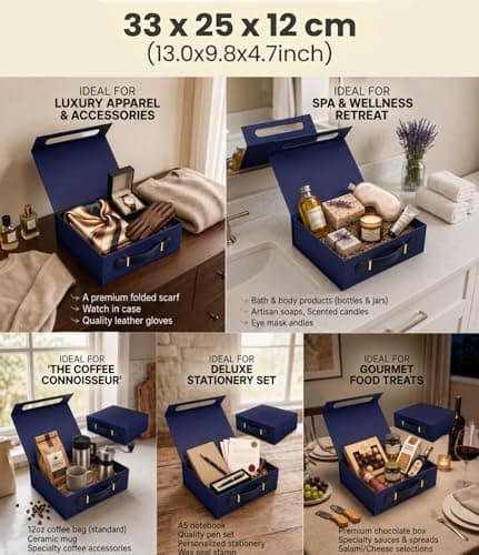 Emartbuy Blue Folding Magnetic Gift Box with Faux Leather Handle – 33 x 25 x 12 cm – Fits Hampers, Books & Mid-Size Gifts – Birthdays Weddings Christmas Corporate Gifting Trade — view 6