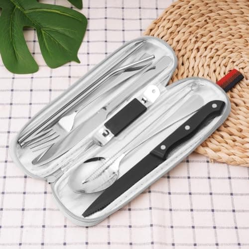 HOTUT Travel Cutlery Set with Portable Pouch Case, 9 Pcs Camping Cutlery Set with Bottle Opener Straw Spoon Knife Fork, Stainless Steel Flatware Set Portable Utensils for Outdoor Travel Picnic Office — view 5