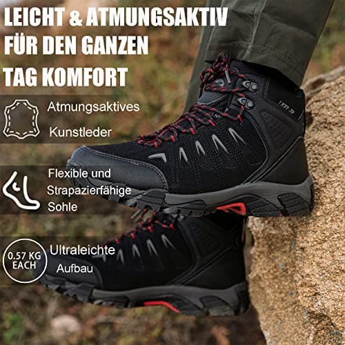 SHULOOK Men's hiking shoes, waterproof trekking shoes, non-slip high rise hiking boots, men's outdoor mountain shoes, ultralight trainers, camping, trekking, hiking, hiking boots, black red, 9 UK — view 6