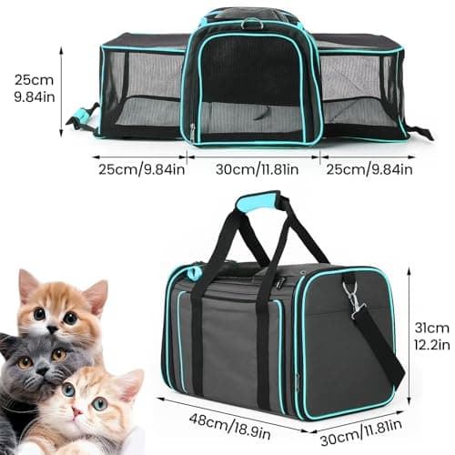 Soft Sided Portable Cat Carrier with Extendable Space & Fleece Bed Foldable Pet Carrier for Cats/Small Dog/Bunnies With Adjustable Shoulder Strap & Removable Mat (Blue) — view 2