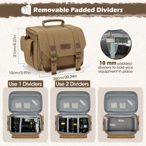 RAINSMORE Vintage Camera Sling Bag, Waterproof Canvas DSLR Mirrorless Crossbody Bag with 10mm Shockproof Padding, Rain Cover & Tripod Holder, Photography Shoulder Messenger Bag for Men Women Khaki — view 4