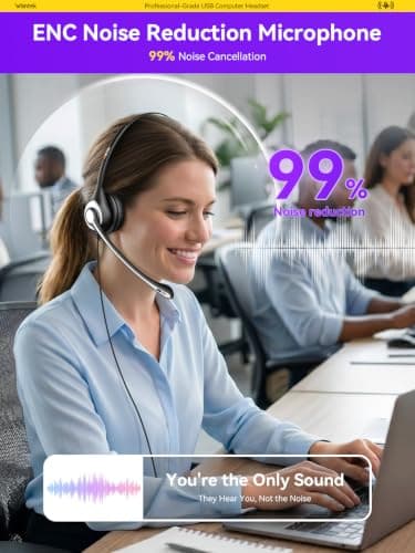 Wantek USB Headset With Microphone For Laptop, PC Headphones With Mic Noise Cancelling, Computer Headsets With In-Line Volume Control & Mute, Compatible with Ms teams, Zoom, Webex, Office, Home — view 2
