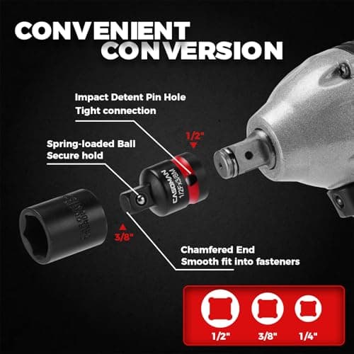 CASOMAN 20PCS 1/4" 3/8" 1/2" Drive Impact Socket Adapter Set, Includes Hex Shank Adapters & Reducers, CR-MO Universal Swivel Socket — view 5