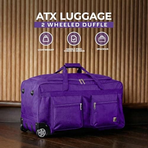 ATX Luggage 40" Jumbo Wheeled Duffle Bag Lightweight Rolling Wheels Suitcase Extra Durable Holdall for Sports Travel and Cargo | Purple — view 6