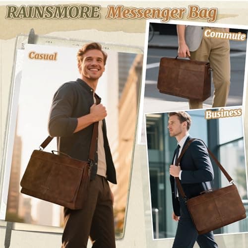 RAINSMORE Laptop Messenger Bag 15.6 Inch, Waterproof Vintage Vegan Leather Briefcase for Men, Large Professional Business Satchel, Work Shoulder Bag for Office University Travel & Computer Brown — view 2